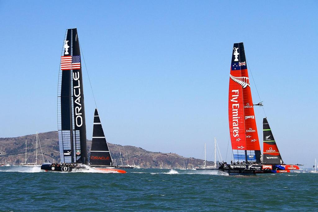 Oracle Team USA v Emirates Team New Zealand. America’s Cup Day 5 San Francisco. Emirates Team NZ leads Oracle Team USA after the start of Race 9 © Richard Gladwell www.photosport.co.nz